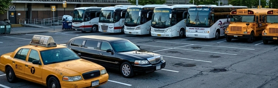 commercial parking lot featuring the transport vehicles - taxis, limos, bus coaches, and school buses
