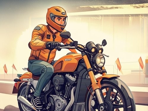 An adult in full motorcycle gear riding a motorcycle, illustrating accident benefits.