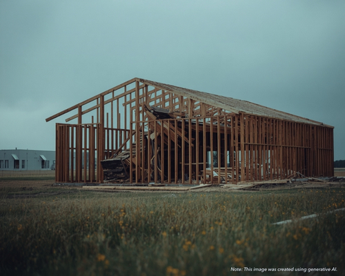 dramatic summer windstorm tearing through exposed wood framing on the prairies